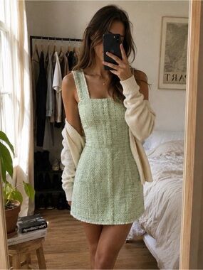 Maje Rinova Green Tweed Mini Dress Size 36 US 2-4 Mint Green Metallic Boucle